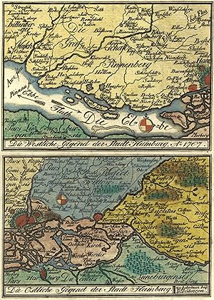 Kupferstich- Karte, v. 2 Platten b. G. Dalencon, "Die Westliche Gegend der Stadt Hamburg" und "Di...