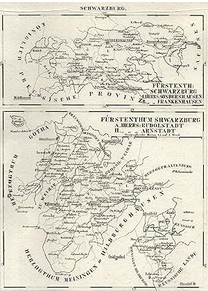 Lithografie- Karte, aus Schliebens Atlas von Europa, 2 Karten auf 1 Blatt. a) "Fürstenth. Schwarz...