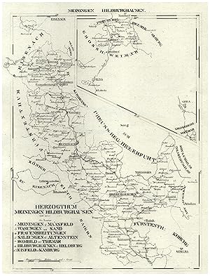 Lithografie- Karte, aus Schliebens Atlas von Europa, "Herzogthum Meiningen Hildburghausen und zwa...