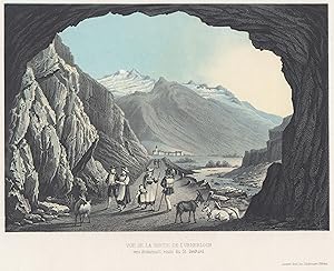 Bild des Verkufers fr Ansicht, in Hintergrund Andermatt, "Vue de la Sortie de l' Urnerloch vers Andermarr, route du St. Gotthard". zum Verkauf von Antiquariat Clemens Paulusch GmbH