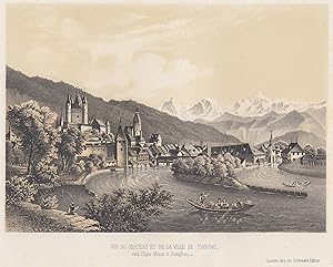 Bild des Verkufers fr Gesamtansicht, "Vue du chateau et la Ville de Thoune vers l'Eiger Mnch et Jungfrau". zum Verkauf von Antiquariat Clemens Paulusch GmbH