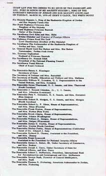 Seller image for Guest List for the dinner to be given by the President and Mrs. Ford in honor of His Majesty Hussein I, King of The Hashemite Kingdom of Jordan and Her Majesty Queen Alia on Tuesday, March 30, 1976, at eight o'clock, The White House: (Original official White House document.) for sale by Wittenborn Art Books