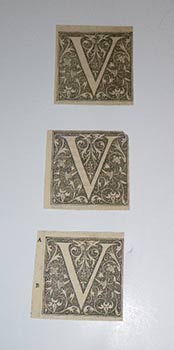 A collection of 3 historiated and woodcut initials from the 16th-17th Centuries. Letter V.