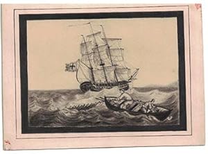 A schooner and 2 men in a rowboat. Original drawing.