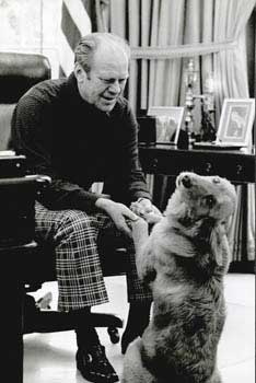 Original official White House photograph of President Gerald Ford with his dog, Liberty.