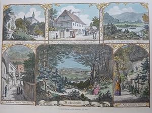 kolorierter Holzstich Rudolstadt ( Vielansicht Souvenirblatt Schiller )