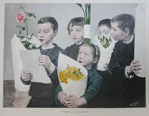 kolorierter Holzstich "Wir gratulieren!" ( Kinder mit Blumen )