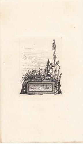 Seller image for Ex-Libris Marguerite Hantz. Spinnrad und Schale auf Sockel, daneben Blumen und Stundenglas, dahinter Berge und Wolken. for sale by Antiquariat  Braun