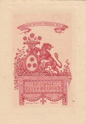 Ex Libris Ellen Reibold. Über Sockel mit Eignervermerk Wappen mit Blumen, von Löwe gehalten. "Ade...