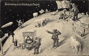 Künstler Ansichtskarte / Postkarte Zur Erinnerung an die Entdeckung des Nordpols, Eisbären, Zeppelin