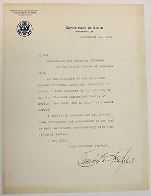 TYPED LETTER SIGNED AS SECRETARY OF STATE, 11 SEPTEMBER 1924, "TO THE DIPLOMATIC AND CONSULAR OFF...