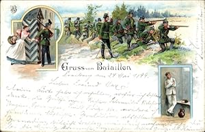 Litho Gruß vom Bataillon, Soldaten im Felde, Arrest, Wachtposten mit Frau