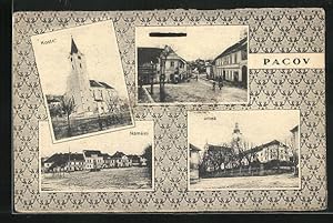 Passepartout-Ansichtskarte Pacov, Kostel, Namesti, Zamek