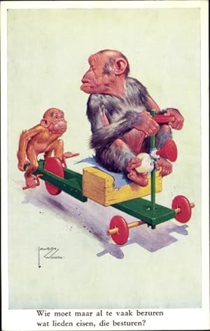 Künstler Ansichtskarte / Postkarte Wood, Lawson, Zwei Affen mit Dreirad