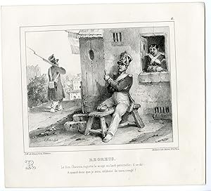 Antique Print-SOLDIER-THINKING-SITTING-BUILDING-ALPHABET-PL.18-Charlet-1835