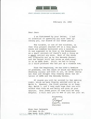 An apologetic TYPED LETTER SIGNED by the American Theater Producer ROGER L. STEVENS, as Chairman ...