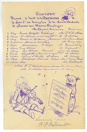 Immagine del venditore per "Concert donn  bord de la Bretagne le Juin 1er au bnefice de la Societ Centrale de Secours aux Marins Naufrages". Mimeographed concert programme signed. venduto da Antiquariat INLIBRIS Gilhofer Nfg. GmbH