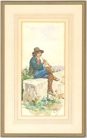 Eduard Vitali - Signed and Framed 19th Century Watercolour, Boy with a Flute