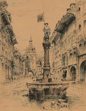 Paul Geissler (1881-1965) - Mid 20th Century Etching, Musketeer Fountain, Bern