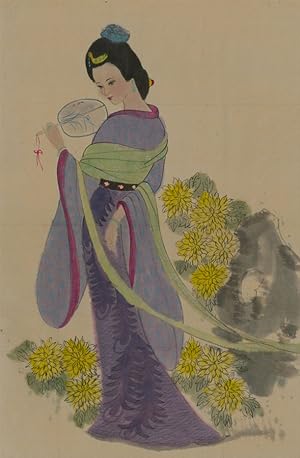 Japanese 20th Century Mixed Media - Woman in Kimono with Fan