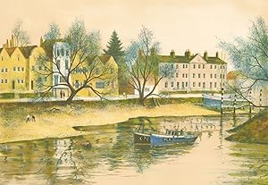 Jeremy King - 20th Century Lithograph, River View with Boats and Figures