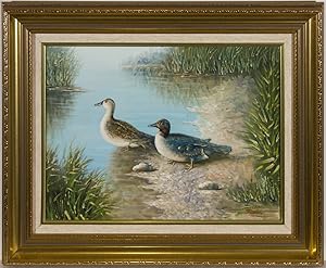 Justus - Signed & Framed Contemporary Oil, Waterfowl by The River