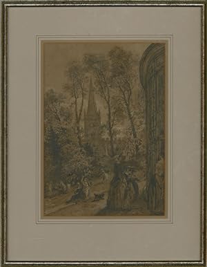 Late 19th Century Graphite Drawing - Church Exterior Scene with Figures