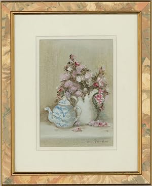 Seller image for June Crawshaw SWA - Signed & Framed 20th Century Oil, Teapot and Flowers for sale by Sulis Fine Art