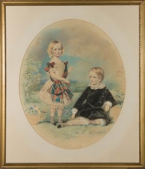 Framed c.1840 Watercolour - Portrait of Two Young Boys