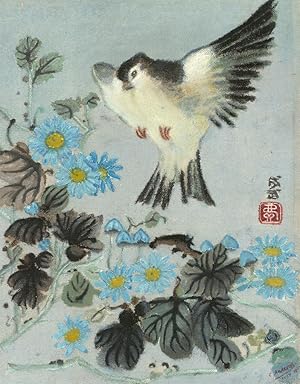 20th Century Acrylic - Bird and Blue Flowers