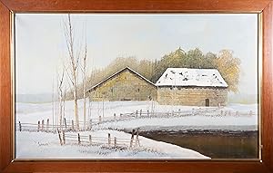 Bild des Verkufers fr Y. Simon - 20th Century Oil, Winter Landscape with Wooden Cabins zum Verkauf von Sulis Fine Art