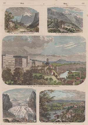 kolorierter Holzstich Ansichten auf Bern ( Sammelblatt m. 5 Ansichten )