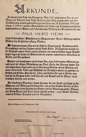 Urkunde zur Grundsteinlegung für das Paul-Hertz-Heim in Berlin-Wedding am 28. September 1962. Ori...