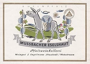 Bild des Verkufers fr Entwurf einer Flaschenetikettierung fr die Rheinpfalz-Marke "Mussbacher Eselshaut". Original-Werbemittelentwurf fr ein zeitgenssisches Produkt der Weinkellerei. zum Verkauf von Antiquariat Schwarz & Grmling GbR