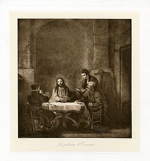 "REMBRANDT : Les pèlerins d'Emmaüs" / Héliogravure originale d'après un tableau de REMBRANDT (pub...