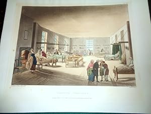 Hospital, Middlesex 1808. (Interior ward scene) Hand Coloured Aquatint.