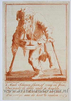 [Satirical antique print in red ink, engraving] P. Langendijk after P. Barbiers I, A disabled man...