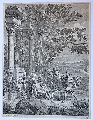 Antique print, etching and engraving | Silvio with the wounded Dorinda, published 1690-1700, 1 p.