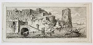 Bild des Verkufers fr Miniature antique print I River landscape with ruined buildings on the left, published 1788, 1 p. zum Verkauf von Antiquariaat Arine van der Steur / ILAB