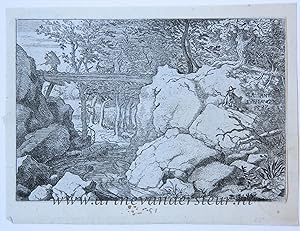 [Antique print, etching] The porter and the goat on a small bridge, published between 1631-1675, ...