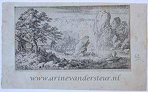 [Antique landscape print, etching/ets] The square boulder at the bank of the river, published 163...