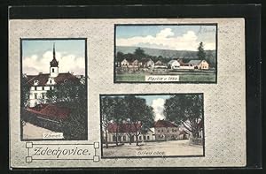 Ansichtskarte Zdechovice, Stred obce, Zámek, Partie v lese