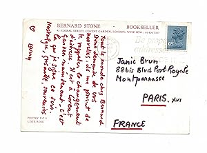 Carte postale autographe signée de Lawrence Durrell adressée à Jani Brun : "Tout le monde chez Be...