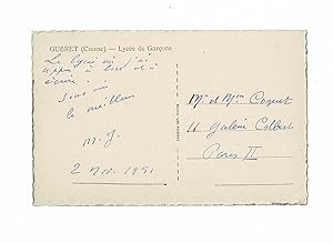 Carte postale autographe signée de Marcel Jouhandeau adressée à Mr et Mme Coquet