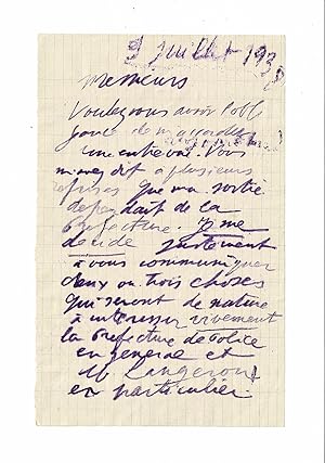 Lettre autographe signée d'Antonin Artaud adressée à ses médecins au début de son internement