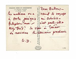 Carte postale autographe signée de Lawrence Durrell adressée à Jani Brun : "L'oreiller militaire ...