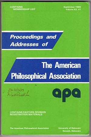 Proceedings and Addresses of The American Philosophical Association (APA) September 1989. Volume ...