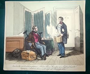 Inn Footman presenting a guest with a footbath who has no feet. Cartoon/Caricature. German c1845 ...