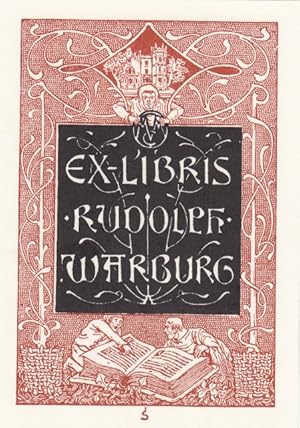 Immagine del venditore per Ex-Libris Rudolph Warburg. Eignervermerk im Quadrat, oben Schlo, unten zwei Gestalten mit bergroem Buch. venduto da Antiquariat  Braun