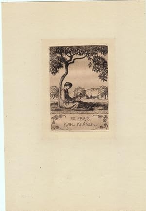 Imagen del vendedor de Ex Libris Karl Klner. Unter Baum sitzend Lesende, dahinter Kutsche. a la venta por Antiquariat  Braun